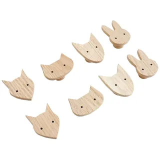 PLT 4 Stück Tierische Griffe für Kindermöbel aus unbehandeltem Eichenholz, Knauf, Knopf, Kommode, Schrank, Schublade, Tür, Kinderzimmer, Geschenkidee (4, Fuchs, Katze, Hase, Hund)