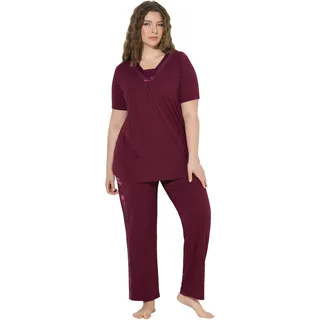 Ulla Popken Damen Pyjama, Satin Details Pyjamaset, Weinrot, 66-68