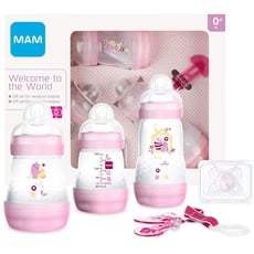 MAM Welcome to the World G102-3 Babyflaschen Easy Start Anti-Colic, 1 Schnuller Start und 1 Brosche Clip 0+ Monate, Spanische Version, Rosa, 5 Stück
