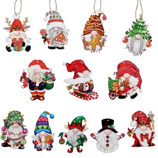 Pruadeor 12 Stück Weihnachtsanhänger Holz Set, Lustige Wichtel Muster Christbaumschmuck, Traditionelle Weihnachtsdeko Weihnachtsbaumschmuck für Weihnachtsbaum, Fenster, Kamin & Party