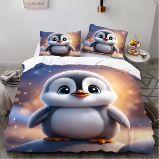 ZHDEDSP 3D Pinguin Bettwäsche-Set, 135x200 cm Bettbezug für Sommer mit 80x80 cm Kissenbezug, Mikrofaser, Hypoallergen, Reißverschluss