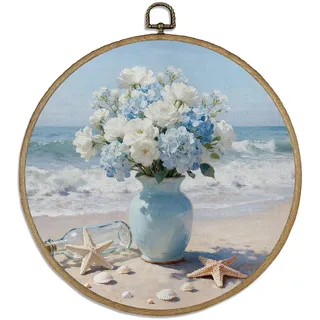 DELORIGIN Vase Mit Rahmen Wanddeko 10" Seestern Rundes Wandbild Mit Vintage Haken Kunstdrucke Zum Aufhängen Für Wohnzimmer Flur Treppenhaus