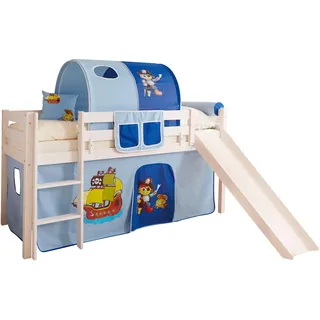 TICAA Hochbett Manuel 217 x 114 x 205 cm Kiefer massiv weiß Pirat/hellblau/dunkelblau