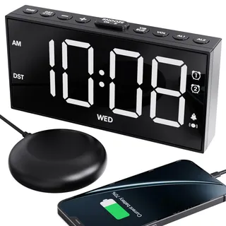 ROCAM Vibrationswecker für Tiefschläfer、Gehörlose,7'' Großes Display,Fette Schrift,Digital,Einstellbare Helligkeit,Doppelalarm,Snooze,USB-Ladegerät,zur Nutzung im Schlafzimmer(weiß)