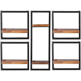Mid.you Wandregalset , Naturfarben, Schwarz , Holz, Metall , 5-teilig , Mangoholz , massiv , 6 Fächer , 105x75x25 cm , Wohnzimmer, Regale, Wandregale