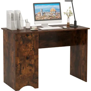 COSTWAY Schreibtisch mit 2 Schubladen, Computertisch klein, Kinderschreibtisch, Bürotisch, PC-Tisch modern 109x50x75cm Rustikales Braun - Braun