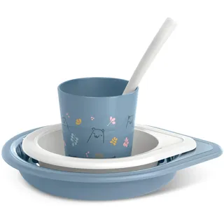 Suavinex, Lerngeschirr für Babys ab 6 Monaten, Teller, Geschirrset für Kinder, Geschirrset für Babys, geeignet für Spülmaschine und Mikrowelle. Lieferumfang: Glas + Teller + Schüssel + Löffel, blaue
