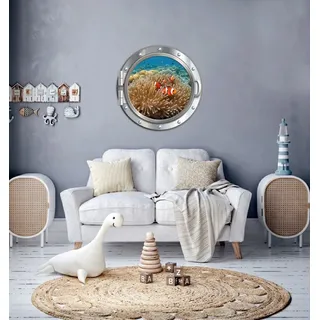 Queence "3D Bullauge Illusion Unterwasserwelt Korallen 40x40 cm", Selbstklebender Wanddurchbruch Unterwasser,