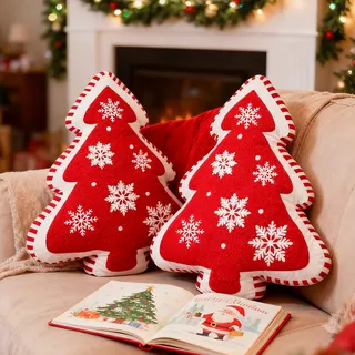 Lanpn 2 Stück Weihnachtsbaum Kissen Weihnachtskissen, Schneeflocke Weihnachts Kissen Dekokissen Flauschiges Zierkissen für Geschenk Party Bett Sofa Couch Innenbereich Weihnachtsdeko (Rot, 43x49cm)