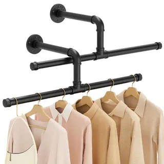 Yawinhe Industrierohr Kleiderstangen, Kleiderständer für die Wand, Rustikale Kleideraufbewahrung, Platzsparenders Wandregal Küchenregal, für kleine Zimmer, Schwarz, 51cm, 2-Pack