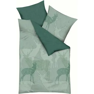 Bettwäsche KAEPPEL "Hirsche mit Wende", grün (smaragd), B/L: 155cm x 220cm, 1 Stk., 1 Stk., Feinbiber, B/L: 80cm x 80cm, 2 Stk., Feinbiber, Obermaterial: 100% Baumwolle, Bettwäsche, Bettwäsche, Mit Hirsche