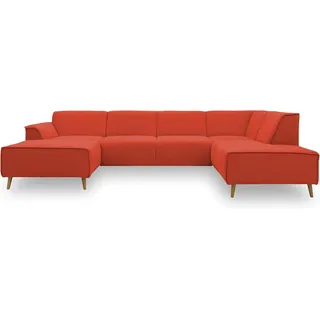 DOMO. collection Wohnlandschaft Jules FK, skandinavisches Sofa mit Federkern, Couch in U-Form mit Holzfüßen, 333 x 191 x 81 cm (BxTxH), Longchair links, orange