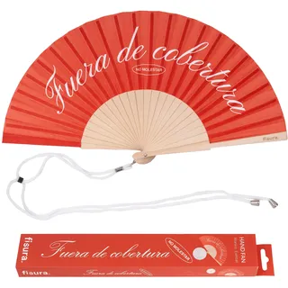 Fisura – Origineller Holzfächer mit der Aufschrift "Fuera de Cobertura“. Stilvolles, farbenfrohes Accessoire, tragbarer roter Handventilator mit Aufhänger. Maße: 42,5 x 23 cm