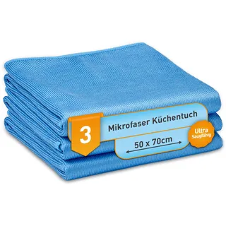 culiclean Ultra Mikrofaser Küchentuch Geschirrtuch Trockentuch 50x70 cm, blau, 3 Stück, Profipack, Waschbar, Saugfähig, Aufhänger - Polieren, Haushalt, Küche, Auto, Gastronomie Top Qualität