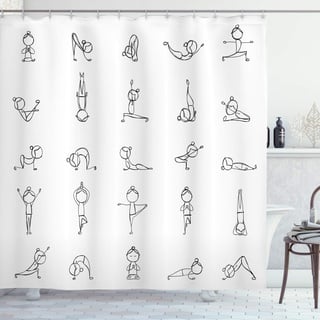 ABAKUHAUS Yoga Duschvorhang, Stickman Yoga Moves, Stoffliches Gewebe Badezimmerdekorationsset mit Haken, 175 x 220 cm, Schwarz Weiß