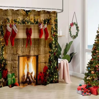BROSHAN Stoff Weihnachten Duschvorhang Rot Weihnachten Duschvorhänge für Badezimmer, Winter Urlaub Weihnachten Badezimmer Dekor, Weihnachtsbaum Kamin Muster