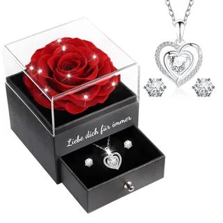 Sunia Ewige Echte Rose mit Herz Halskette und Ohrringe aus 925 Sterlingsilber,Geschenke für Frauen Freundin Mama Oma,Infinity Rosen Geburtstag Weihnachten Valentinstag Muttertag,Ewige Rose mit Kette