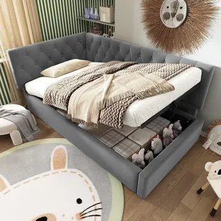 FAVSH Eckbett 90x190 cm, inzelbett Tagesbett mit Hydraulischer Stauraum,Tagesbett Jugendbett Bettgestell mit Rückenlehne und Lattenrost aus Holz/Jugendbett Polsterbett Samt, Ohne Matratze (Grau)