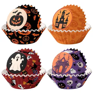 MOMAHUA 200 Stück Halloween Muffinförmchen Papier, Schwarzer Kürbis/Lila Haus/Roter Geist/Oranges Haus Muffins Backförmchen, Papierbackförmchen Muffin Cupcake Liners Wrapper für Backen Dessert Party