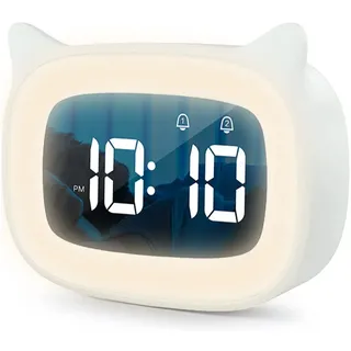 UQTUKO Wecker Digital Kinder, Kinderwecker Digitaler mit Snooze Funktion Dual-Wecker mit Nachtlichtern 12/24 Stunden LED-Nachtlicht Wecker 18 Musik 5 Helligkeitsmodus für Jungen Mädchen (Weiß)