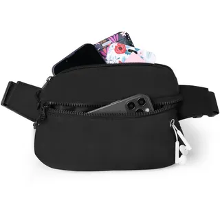 Vinabo Bauchtasche für Herren und Damen, wasserdicht, mit Kopfhöreranschluss und 2 Taschen, schicke Gürteltasche, Verstellbarer Gürtel, für Training im Freien, Wandern, Camping, Schwarz, one Size,