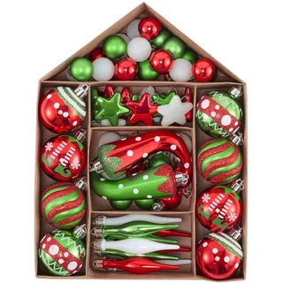 Victor's Workshop Weihnachtskugeln 70tlg. Kunststoff Christbaumkugeln Weihnachtsdeko Weihnachtsbaum Dekoration Set Plastik Weihnachten Deko mit Anhänger Elfen Thema Rot Grün Weiß(M)