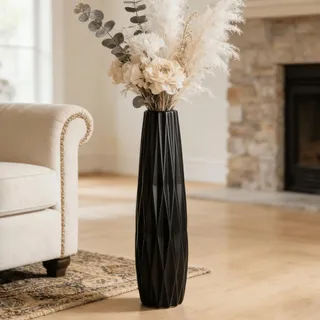 JIDOFUE Moderne 60CM Schwarze Keramik Bodenvase,Hoch,24" Dekorative Vase für Pampasgras,Blumen und Trockenblumen,Ideal für Wohnzimmer und Büro