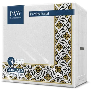 PAW - Servietten aus Airlaid - Stoffähnlich (40 x 40 cm) I 50 Stück I Ideal für Hochzeit, Taufe, Kommunion, Geburtstag I Hochwertige Tischdeko Stoffservietten - Gold-Schwarz I Floral Frame gold-black