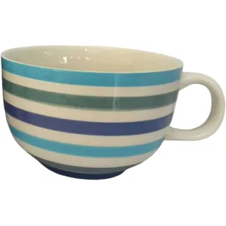 Große Kaffee Tasse/Becher aus Keramik, 500 ml bunt bauchig handbemalt Manufakturware (Blautöne Indigo waagerechte Streifen)