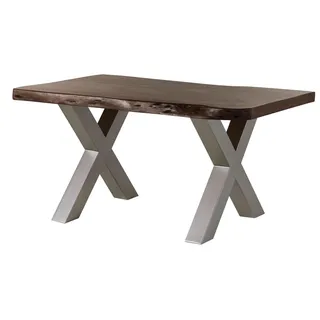 MASSIVMOEBEL24.DE Baumtisch Akazie 140x90x77 braun lackiert / X-Beine silber matt FREEFORM 5 - Braun