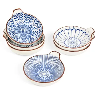 Chas Bete Dipschalen Kleine Keramik Set von 6, Dip Schälchen mit Griff, Servierschale für Dips Saucen Snacks Vorspeisenteller, Blau, 11x2,5cm