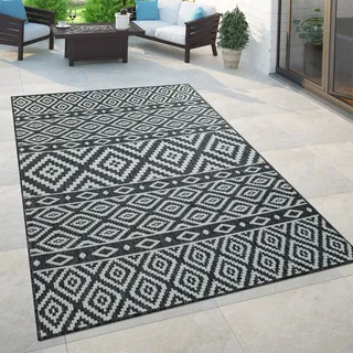 Paco Home In- & Outdoor Teppich Balkon Terrasse Orientalisch Skandi Designs Kreis Muster Grösse 120x170 cm - Schwarz