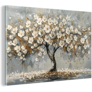 MuchoWow© Glasbilder Deko Schlafzimmer Aesthetic Wohnzimmer Glas Gemälde | 120x80 cm - Foto Geschenk Living Room Decoration Baum - Gold - Blumen - Abstrakt - Kunst