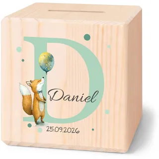 GRAVURZEILE Spardose aus Holz - Tiermotive mit Monogram - mit Namen und Datum personalisiert - Personalisierte Geschenke für Mädchen & Jungen zum Geburtstag Kommunion - Geschenk für Kinder - Fuchs