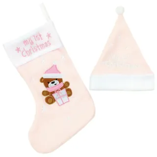 Mein Erster Weihnachtsstrumpf und Hut Set Mit Bestickt Bär Und Stars - Pink
