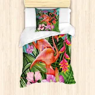 ABAKUHAUS Flamingo Mantele, Hibiscus Tropic Blume, Milbensicher Allergiker geeignet mit Kissenbezügen, 135 cm x 200 cm - 80 x 80 cm, Grün, Rosa, Blau - Grün