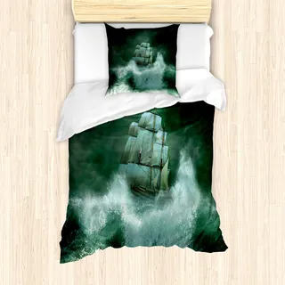 ABAKUHAUS Piratenschiff Bettbezug Set für Einzelbetten, Gewitter, Milbensicher Allergiker geeignet mit Kissenbezug, Jadegrün Dunkelgrün Weiß - Weiß