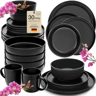 SÄNGER Madeira Steingut Geschirrset 6 Personen, Teller Set 30-tlg Schwarz | Handmade Geschirr Set, Kombiservice: Teller, Kaffeebecher, Müslischalen & Pastateller, spülmaschinen- & mikrowellengeeignet
