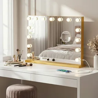 Bayt Schminkspiegel mit Beleuchtung 58x46 cm - Hollywood Kosmetikspiegel 18 LED dimmbar, 3 Lichtmodi, 10× Vergrößerung, Touchscreen, Standspiegel oder Wandmontage, Gold