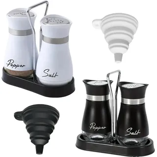 4 Stück Salz und Pfefferstreuer Set mit Halter, Salz und Pfefferstreuer Set mit 2 Stück Trichter Küche,Salzstreuer Gewürzflaschen Klein aus Glas und Edelstahl für Küche,BBQ,Esstisch,Wohnmobil
