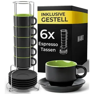 MIAMIO - 6 x 75 ml Espressotassen Set/Espresso Tassen Set mit Untertasse & Ständer - Kaffeetassen Set 6er Kaffeebecher Keramik - Le Papillon Kollektion (Grün)