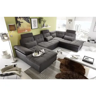 Wohnlandschaft Jakarta U-Form mit Schlaffunktion, Bettkasten, verstellbaren Armlehnen & Kopfstützen – großes Sofa 324x170x107 cm, Stoff Schwarz/Lava rechts
