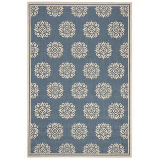 SAFAVIEH Kleines Medaillon Drinnen & Draussen - Beachhouse Collection, Kurzer Flor, Creme und Blau, 79 X 152 cm