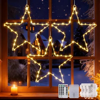 CMYK LED Weihnachtsstern Fensterlichter mit 3 Pack 40 Warmweiße LED Stern Lichter Fenster Stern Weihnachtsdeko Fenster Hängeleuchten Vorhang Lichter Batteriebetrieben