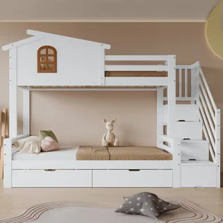 Etagenbett 90 x 200 cm & 120 x 200 cm, Kinderbett mit 2 Schubladen, Eck-Leiterschrank, Fenster, Lattenrost, Kiefer + MDF + Sperrholz, Weiß + Natur - Weiß