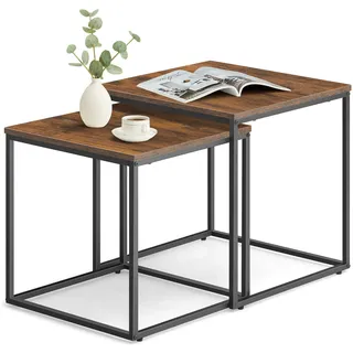 Couchtisch 2er Set Quadratisch Beistelltisch Loft Design 2in1 Verschachtelung kratzfeste Oberfläche, Wohnzimmer | Rustikal-Eiche mit schwarzen Beinen - Schwarz