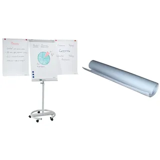 Franken Set Flipchart, Beschreibbar, Magnetisch, Mit Rollen, 2 Seitenarme, Whiteboard mit Ständer, Papierhalterung, Stifteablage, 68 x 105 cm, ECO Mobil, F2400/N + Flipchart-Papier 100 Blatt, F2120