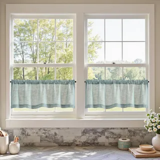 TOPICK Scheibengardine Bistrogardine modern Lichtdurchlässig Gardine Küchegardinen Gaze Schals Scheibengardinen Fensterschal Küche Vorhänge Wohnzimmer Landhausstil 2 Stücke 130B x 40H(cm) Blaugrau