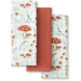 Martha Stewart Autumn Harvest Küchenhandtuch, Pilzkaro, 3er-Pack, 100% Baumwolle mit saugfähigem Frottee, dekorative Küchentücher, gebranntes Orange/Grün/Weiß, 40,6 x 71,1 cm