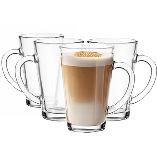 Glasmark KROSNO 1992 Gläser Set Kaffeegläser Teegläser Mit Henkel 4 Stück 300 ml Kaffee Tee Latte Glas Teetassen Glasbecher Trinkglas Spülmaschinengeeignet Iwo, Durchsichtig
